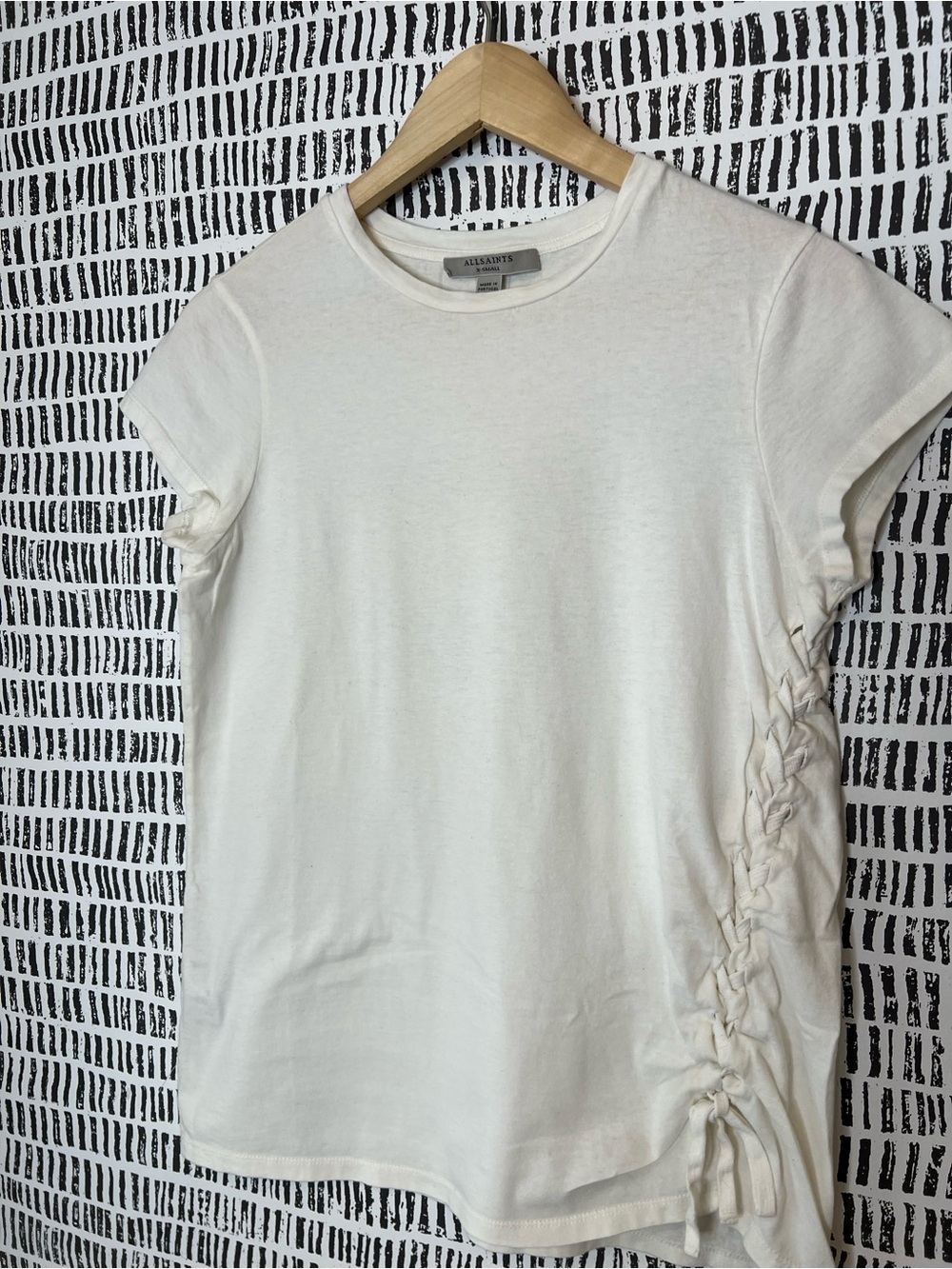 AllSaints White Ruched Side Tie Tee Minimalist Crew Neck Short Sleeve Cotton Top - Picture 5 of 15